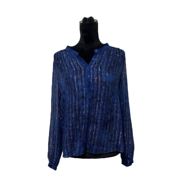 Rebecca Taylor Sheer Navy Blue & Silver Metallic Long Sleeve Top Size 6 - Picture 3 of 12